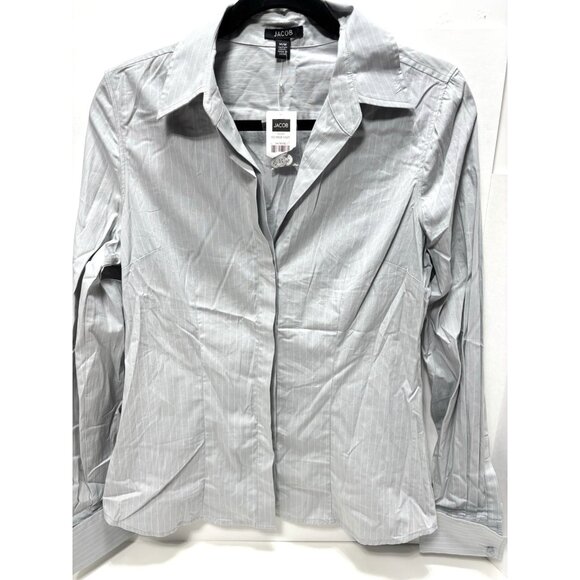 Jacob Womens Medium Grey White Striped Button Up Casual Dress Shirt Top New - Picture 1 of 8